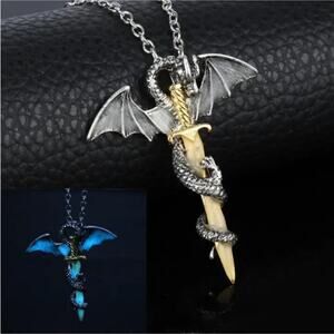 Glow in the dark Sword Dragon Necklace Pendant Dungeons Dragons Gold Silver NEW!